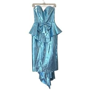 Vintage 80s Metallic Blue Strapless Peplum Bow Gown Bustle Train Prom Dress 7/8